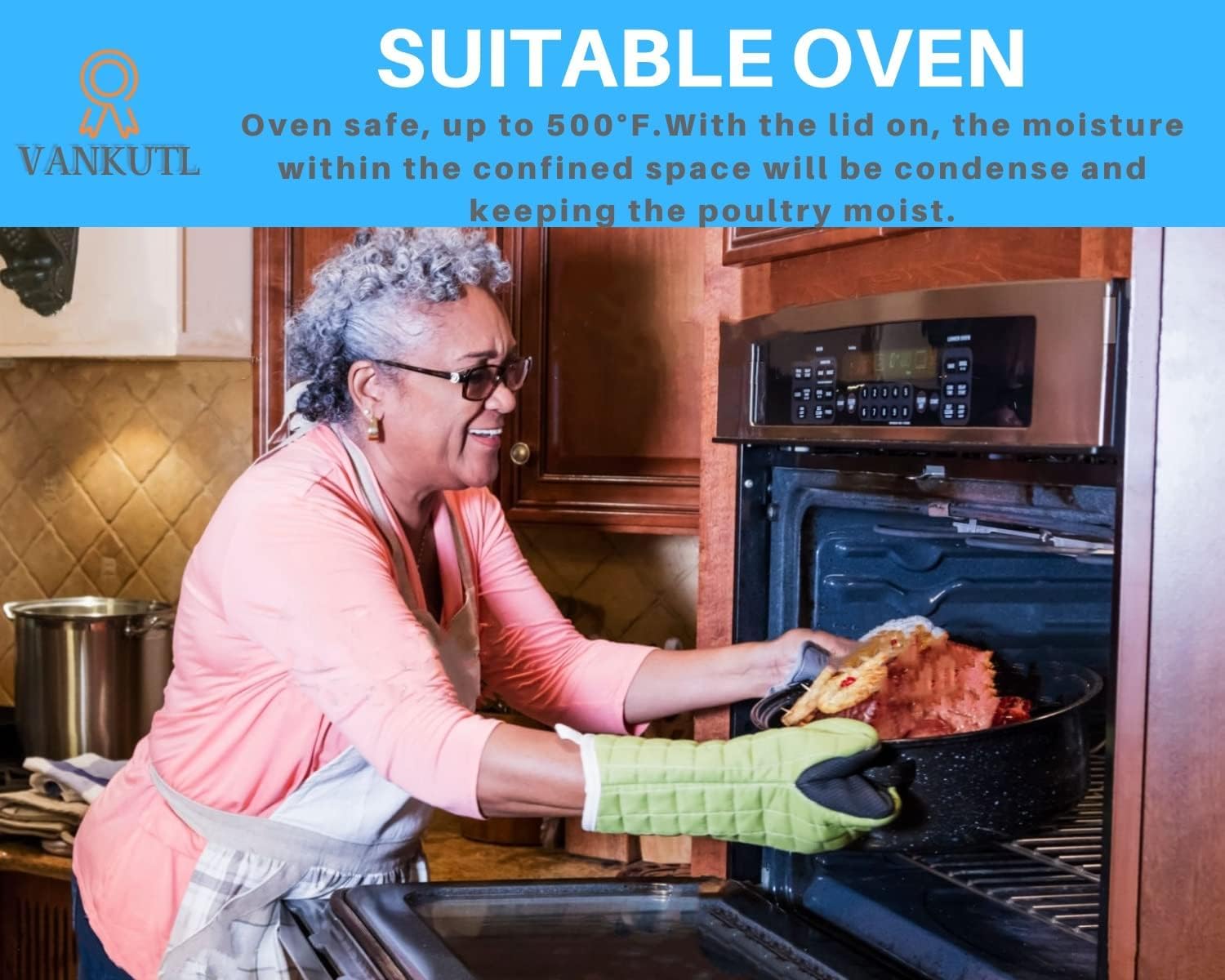 16 Inch Roasting Pan with Lid - Covered Oval Roaster - Enamel Carbon Steel Roaster Pot - Excellent Heat Distribution and Non-sticky - for Turkey Chicken Meat & Vegetables -Birthday and Holiday gifts